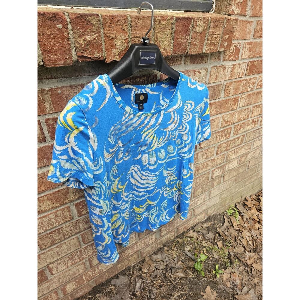 Petite Medium Abstract Feather Print Short Sleeve Knit Top Boho Coastal Artistic